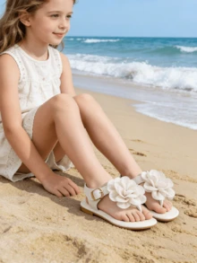 新款时尚大碎花平底人字拖，适合幼儿/小女孩，沙滩和居家穿着皆宜。 - 米色 - 查看 8