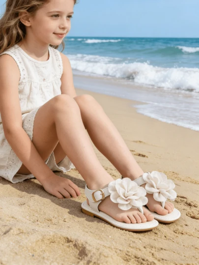 新款时尚大碎花平底人字拖，适合幼儿/小女孩，沙滩和居家穿着皆宜。