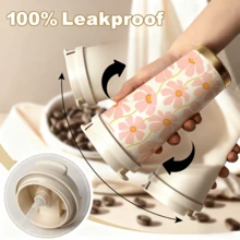 1个/18盎司花卉图案保温旅行咖啡杯，配皮质提手 - 保温12小时，保冷24小时 - 防漏可重复使用，适合办公室、通勤和户外活动 - 送给她的礼物 - 彩色 - 查看 7