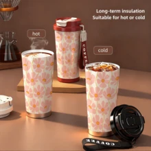 1个/18盎司花卉图案保温旅行咖啡杯，配皮质提手 - 保温12小时，保冷24小时 - 防漏可重复使用，适合办公室、通勤和户外活动 - 送给她的礼物 - 彩色 - 查看 3