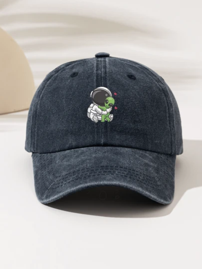 1pc Fashionable Casual Versatile Washed Baseball Cap With "Astronaut Hugging Alien" Graphic Print, Unisex Essential Stylish Accessory For All Seasons, Great Gift For Family And Friends