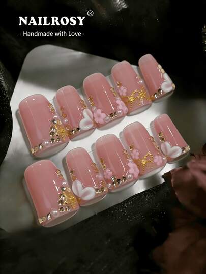  NAILROSY 10pcs Handmade Duck Mouth Shaped 3D Embossed False Nails, White/Nude/Transparent, Essential For Wedding Ceremony & Daily Commute, 2026 New Luxury Brand High-End Quality, Suitable For Daily & Party, Professional Salon Grade Elegant & Beautiful Handcrafted