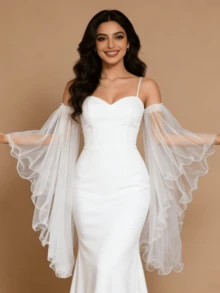 2pcs White Sheer Fingerless Bridal Gloves With Lace Trim, Suitable For Wedding, Travel, Photography, Party, Bridal Gown Decor - 乳白色 - 查看 5