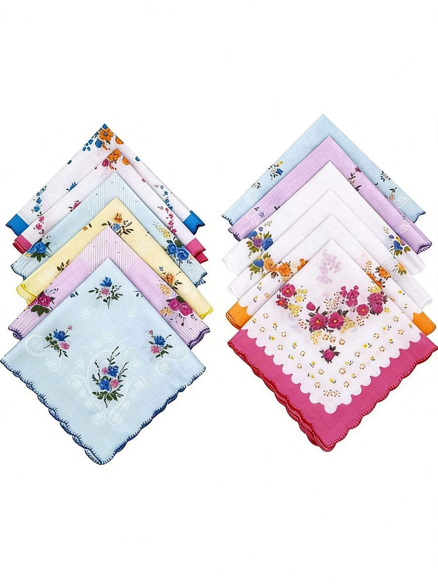 3 piezas Pañuelos cuadrados clásicos con estampado floral de media luna, fondo blanco, textura suave, livianos y transpirables, aptos para todas las estaciones, unisex, aplicables para exteriores, deportes, bodas y uso diario - Multicolor - Ver 1