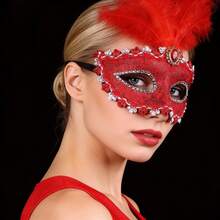 1个威尼斯半脸面具，蕾丝羽毛面具，适合化装舞会、狂欢节、情人节、派对等场合的神秘服装道具（包含人造羽毛） - 多色 - 查看 4