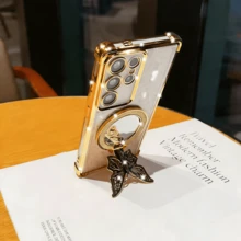 奢华闪亮渐变化妆镜蝴蝶防摔电镀磁吸手机壳，兼容三星 Galaxy S26-S20、A02S-A07、A11-A17/A20-A70、Note 7/8/9/10/11/12/13/14/15、A5/A3/A2/A1/9/10/12/13C/14C/15C、荣耀 MAGIC 5/6/7 LITE 等机型 - 金色 - 查看 7