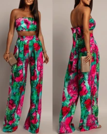 Women's Tropical Floral Print Strapless 2 Piece Outfit Crop Top & Wide Leg Pants - Hot Pink - View 1