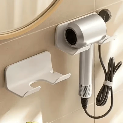1 Piece Modern Wall-Mounted Easy-Install Hair Dryer Holder - No Drilling Required, Strong Adhesion, Easy Installation, Multi-Functional Bathroom Storage Rack, Practical Hooks, No-Drill Wall-Mounted Organizer, Suitable For Bathroom Accessories, Storage Rack, Keeps Hair Dryers And Accessories Neat And Organized, Space-Saving Wireless Storage Device