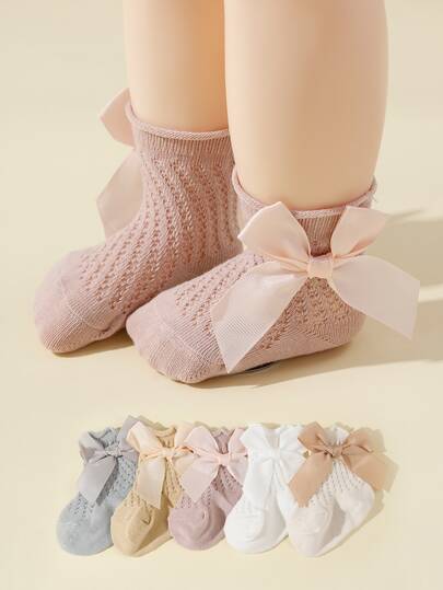 5 pares de calcetines de princesa con malla y lazo de encaje para niños, calcetines transpirables hasta el tobillo para bebés en primavera/verano