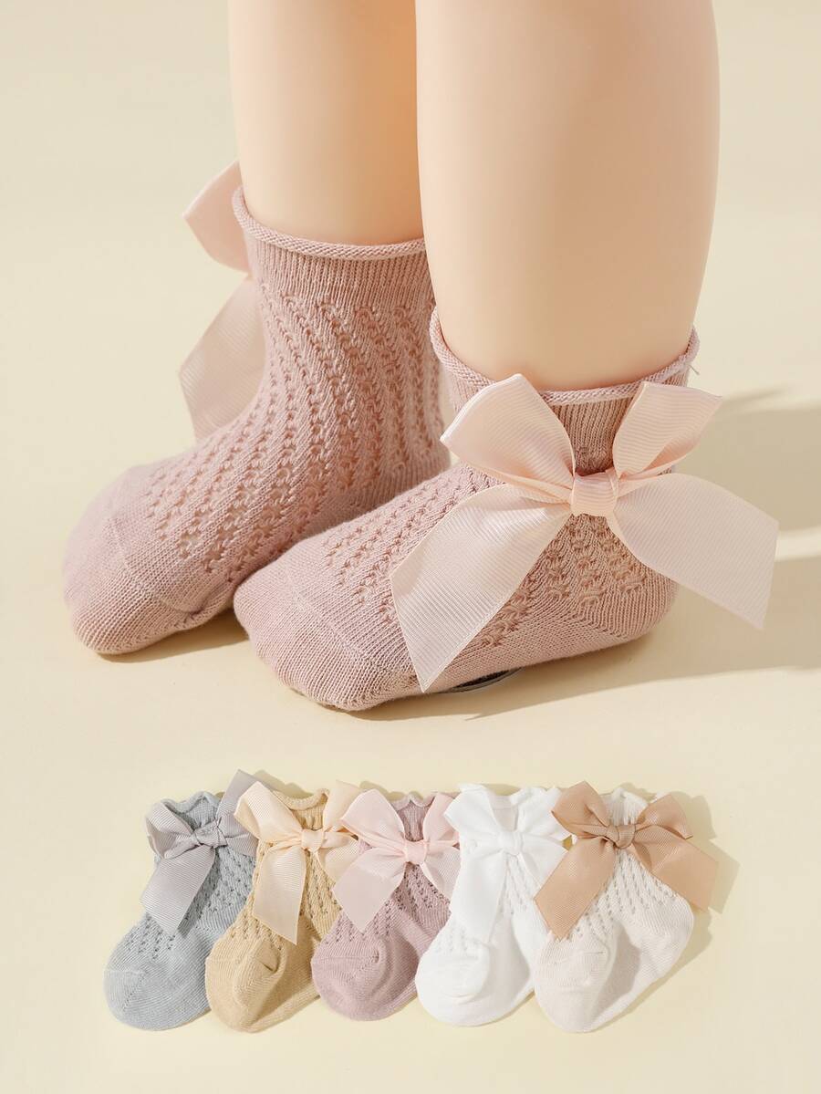 5 Pairs Children's Spring/Summer Mesh Bow Lace Princess Socks, Breathable Mid-Calf Socks For Infants - Multicolor - View 1