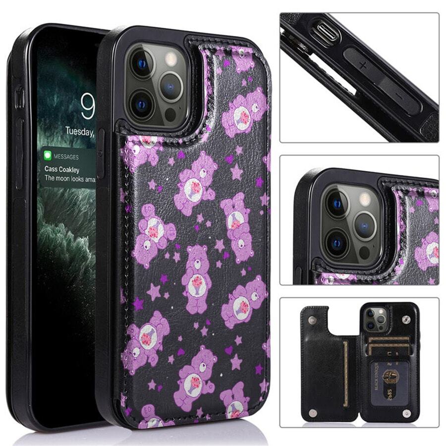 17 Funda con patrón de osos, corazones y estrellas morados | Acabado con textura de cuero, ranuras para tarjetas incorporadas | Edición de diseñador única, funda de doble función y billetera - Negro - Ver 1