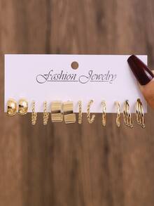 Set de 12 pendientes de estilo bohemio y punk para mujeres, con diseños geométricos cuadrados y corazones retorcidos, versátiles para uso diario y fiestas, gran regalo - Dorado - Ver 3