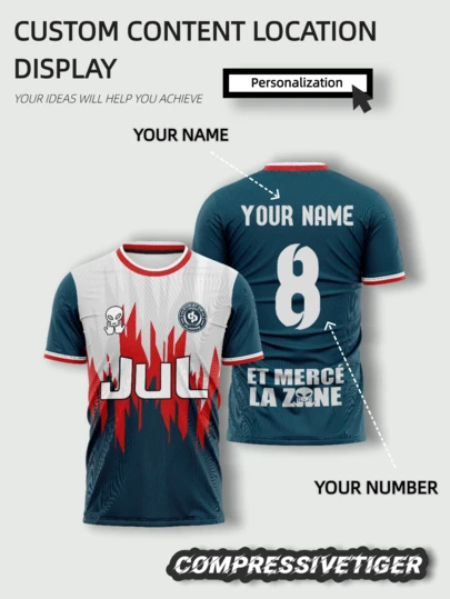 Áo bóng đá nam màu xanh lá cây và đỏ được thiết kế riêng - Tên và số cá nhân hóa, với logo "JUL" đặc trưng, được làm từ chất liệu thoáng khí, nhanh khô, lý tưởng cho người hâm mộ JUL hoặc bất cứ ai đang tìm kiếm một chiếc áo độc đáo.