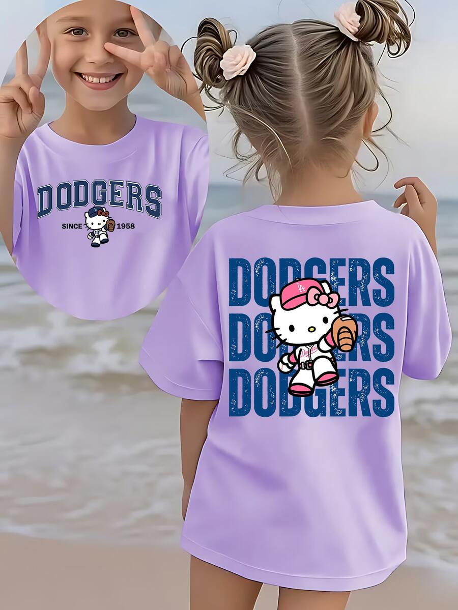 SANRIO Tiny Trove  X LA Dodgers Kids T-Shirt – Unisex Polyester (Polyester) Tee For Boys & Girls 2-14 |  Licensed Baseball Fan Shirt | Cute Sporty Design | Express Delivery - 淡紫色 - 查看 1