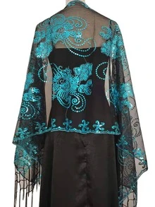 1 pièce/Châle brodé transparent pour femmes, design de chrysanthème doré avec paillettes et franges, vêtement d'extérieur léger et translucide, convient pour la mariée, la demoiselle d'honneur, le mariage, la soirée, la fête de cocktail, l'assortiment de robe de bal - Multicolore - Voir 19