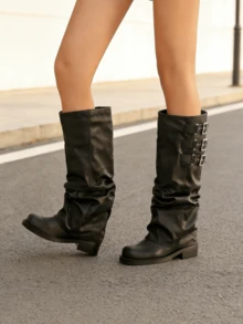 Punk Knee High Boots For Women Fold Over Chunky Low Heel Platform Boots Pull-On Fashion Solid Color Party Shopping Halloween Versatile Slouch Boots Women - 黑色 - 查看 3