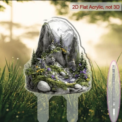 2D平面，1个3D山水奇幻景观设计亚克力花园插牌 - 充满活力的户外装饰，心形设计，适合春节、复活节、婚礼和生日等场合，可直接安装于地面 - 耐用轻便，可用于草坪和盆栽植物装饰（无需工具） - 多用途全年装饰插牌，背面坚固平整，可用作童话花园装饰