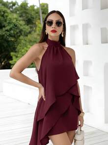 Elegant Women's Flowy Dress With Asymmetrical Ruffle And Neck Tie - Rust Brown - View 2