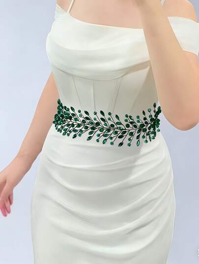 1 pieza Cinturón de vestido de novia con cristales de esmeralda de lujo, accesorio de cintura de moda