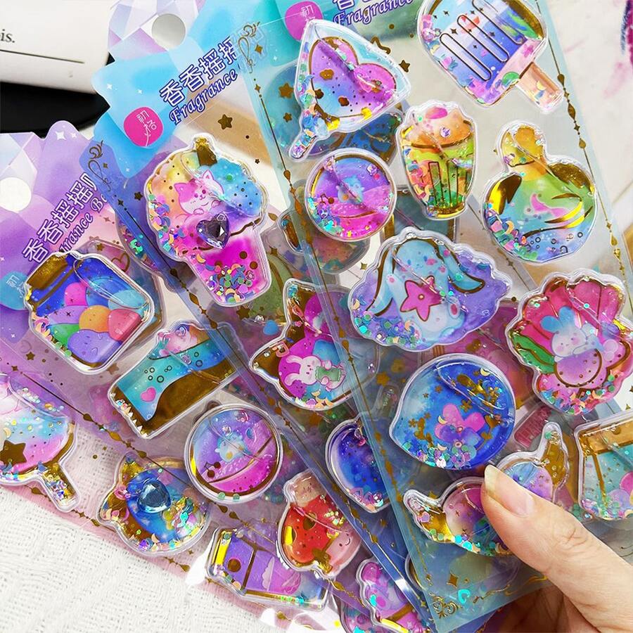 Moe Moe Fragrant Shaker Stickers: Cute Dessert & Ice Cream Design With Holographic Sequins, 3D Puffy Adhesive Stickers For Scrapbooking & Kids DIY Decoration