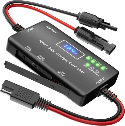 1pc Portable MPPT Solar Charge Controller, Black 10A 12V Solar Panel Regulator With Dual USB/Type-C Ports, LCD Voltage Monitor & Multi-Battery Compatibility, Essential For Outdoor Camping, RV Travel & Home Solar Power Setups