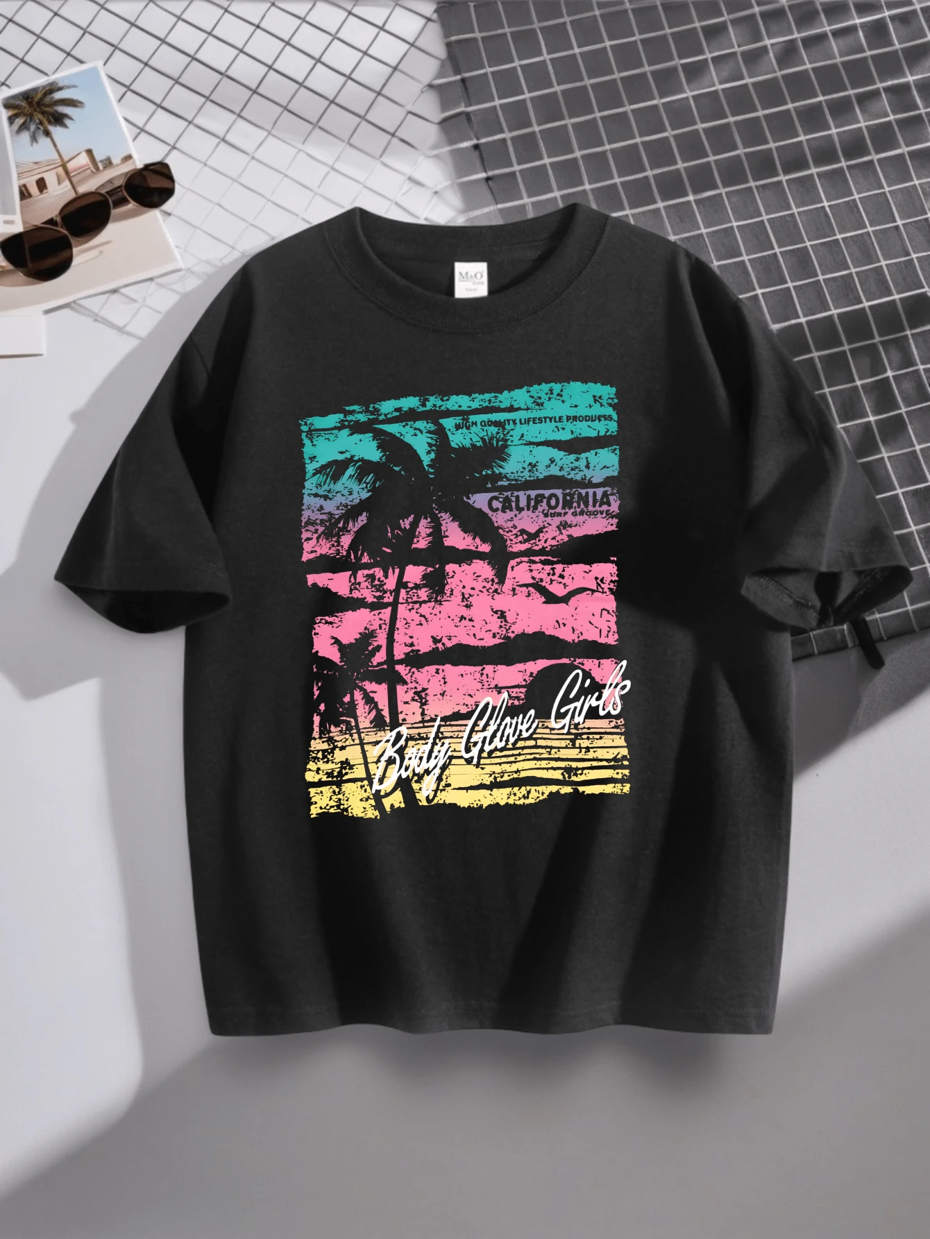 Cotton Unisex T Shirt For Men Women Casual Everyday Wear - California Palm Tree Sunset Print With Body Glove Girls Text Design - Perfect For Vacation Travel Beach Outfits And Daily Comfortable Style - Black - View 1