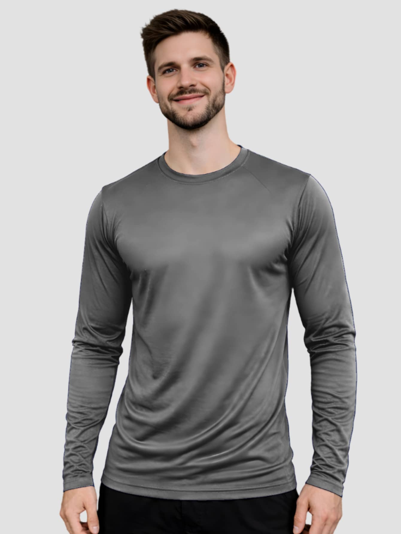 Men's Long Sleeve Dry Fit T-Shirt For Gym And Workout - 灰色 - 查看 1