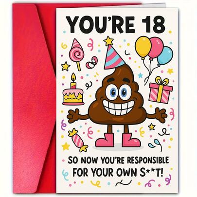 一张趣味十足的18岁生日贺卡，非常适合送给朋友或兄弟姐妹，上面印有幽默的成人里程碑祝福语。是派对庆祝和特殊场合增添欢笑的理想之选。
