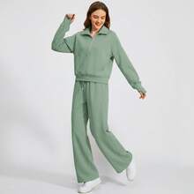 Women's 2 Piece Tracksuit Set - Half Zip Hoodie & Wide Leg Pants Loungewear With Pockets,Cozy 2 Piece Lounge Set - Sweatshirt & High Waisted Joggers For Home & Gym - Green - View 3