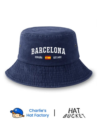 1 Pc Unisex Vintage Washed Bucket Hat - "BARCELONA ESPAÑA" Retro Distressed Letter Graphic Print - Available In Multi Colors - Soft Texture Packable Sun Cap For Beach Spain Travel Souviner