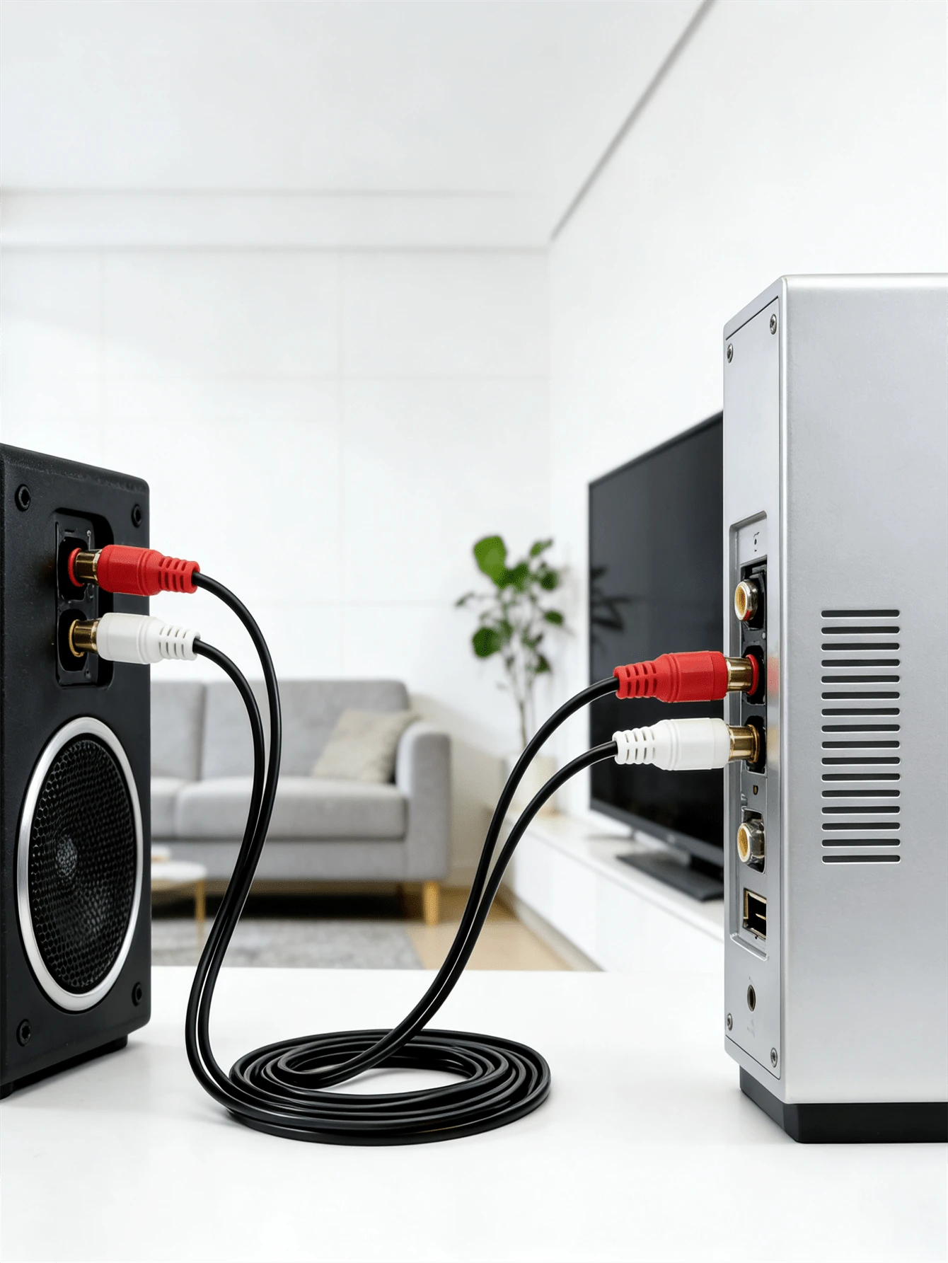 1根RCA音频线，2个RCA公头对2个RCA公头立体声音频线，适用于家庭影院、高清电视、功放、高保真音响系统、车载音响、扬声器、低音炮，带镀金插头，黑色 - 查看 1