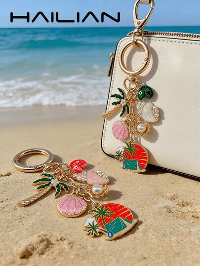 HAILIAN This Alloy Bag Charm Features A Marine And Beach Theme, Including A Chameleon Perched On A Coconut Tree, Pearl-Encrusted Shells And Conches, And A Travel-Themed Tag, Adorning The Bag With An Entire Tropical Island. It Can Be Used As A Bag Charm, Car Keychain, Or As A Small Gift Or Travel Souvenir For Family And Friends.