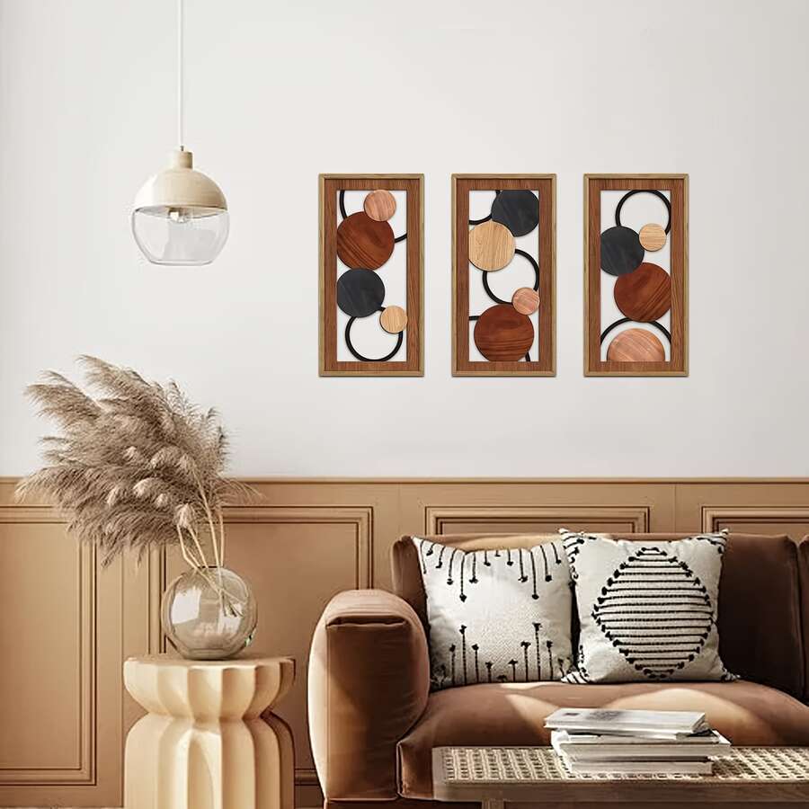 Plan 2D, 1 Set de Opere de Artă Perete din Lemn în Stil Boem | Design Abstract și Minimalist în Stil Medieval, Potrivit pentru Decorarea în Camere de Zi, Dormitoare, Birouri și Case de la Fermă. Realizat din Lemn Artificial, Agățat de Perete - Multicolor - Vizualizare 1