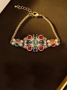 Mid-Century Vintage Elegant Colored Stone Inlaid With Small Pearls Accented With Tiger's Eye Stone Pendant Geometric Square Bracelet And Earrings Suitable For Women To Wear Daily Or At Parties And Banquets Ramadan Gift - Bracelet - View 2