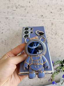 Astronaut Series Heart-Shaped Powder Compact, Electroplated Anti-Drop Phone Case + Electroplated Hidden Stand + Full Phone Case Set, Suitable For IPhone 11/12/13/14/15/16 Pro Max, S22/23/24+, A012345/654321, MOTO And Other Models - Blue - View 6