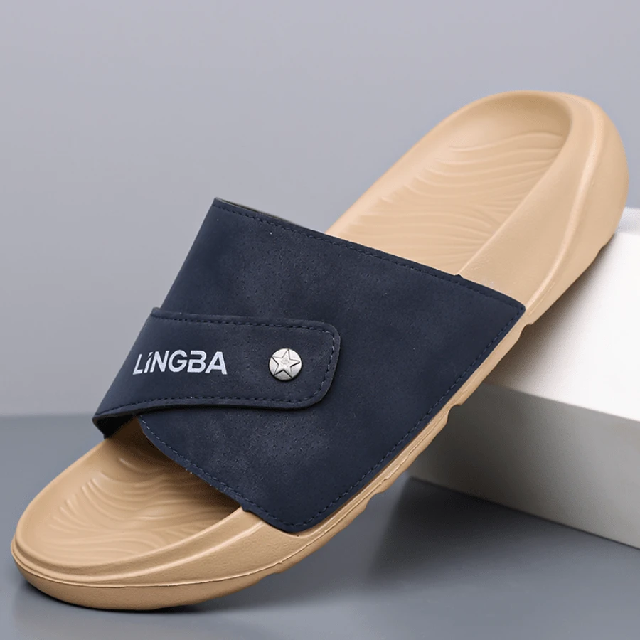 Stylish Men's Open-Toe Slides With Dual-Strap Design And Textured Sole For Secure Fit In Home Or Lounge Settings - Blue - View 1