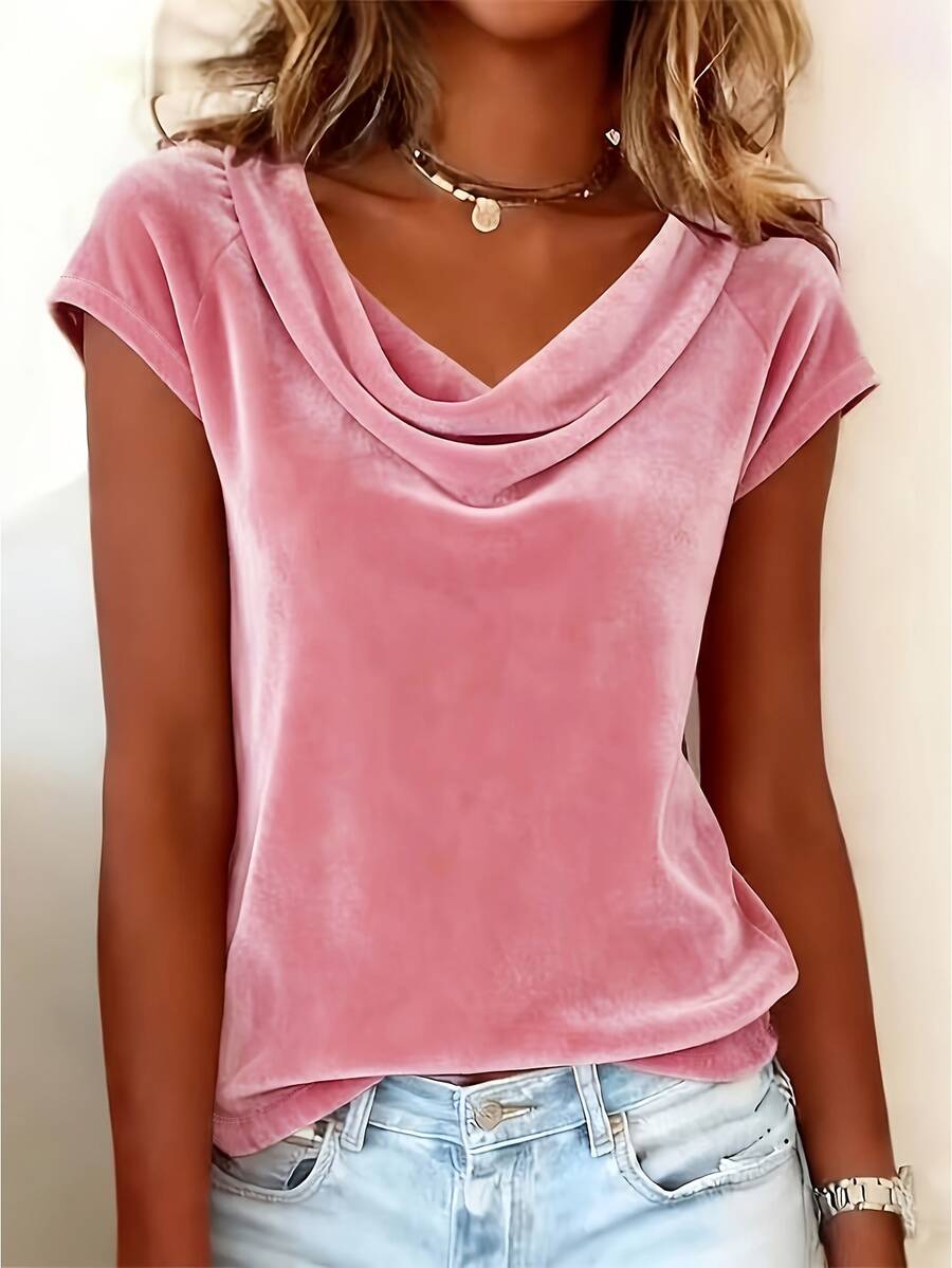 Camiseta de terciopelo de manga corta con cuello drapeado, de unicolor y sexy, para mujer de talla grande, de primavera/verano, color rosa casual - Rosa - Ver 1