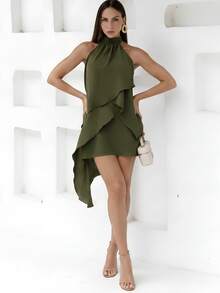Elegant Women's Flowy Dress With Asymmetrical Ruffle And Neck Tie - Rust Brown - View 4