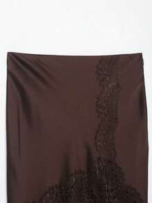 Mellowy Spring/Summer New Women's Fashion European And American Style Minimalist Mid-Waist Lace Trim Satin Skirt - Brown - View 7