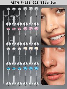 3pcs Funky Titanium Alloy Cubic Zirconia 20/18/16G Lip Studs For Women For Daily Decoration, 8mm G23 Hypoallergenic Flat Back Labret Studs Labret Medusa Studs Push In Helix Conch Tragus Ear Studs Body Piercing Jewelry Pink Blue Cubic Zirconia Lip Piercing Jewelry - Silver - View 3