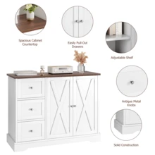 Aparador moderno de estilo rústico de 105 cm con cajones, estantes y puertas, estación de café de madera y armario de almacenamiento para cocina y comedor. - Blanco - Ver 3