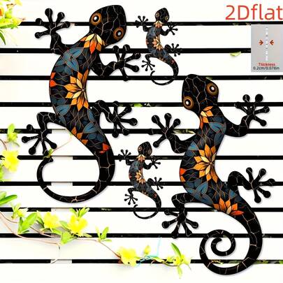 4pcs Acrylic Gecko Wall Decor - Lizard, Outdoor Decorative Sign 2D Flat Wall Plaque, Home Decor, Garden Wall Art Decoration, Farmhouse Living Room Yard Backyard Patio Decor, No Power Required