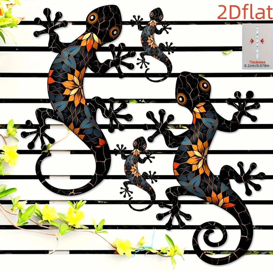 4 buc decor de perete acrilic Gecko - șopârlă, semn decorativ pentru exterior, placă de perete plată 2D, decor pentru casă, decorațiune de artă de perete pentru grădină, decor de living cu stil rustic, curte, terasă, nu necesită alimentare