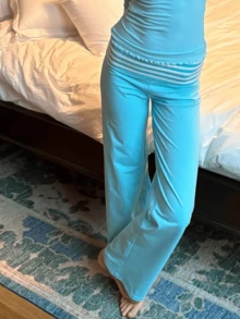Y2k Fold Over Yoga Pants For Women Low Rise Straight Leg Sweatpants Striped Stretchy Loose Gym Lounge Leggings Flared Pants Streetwear - Màu xanh lam - Xem 5