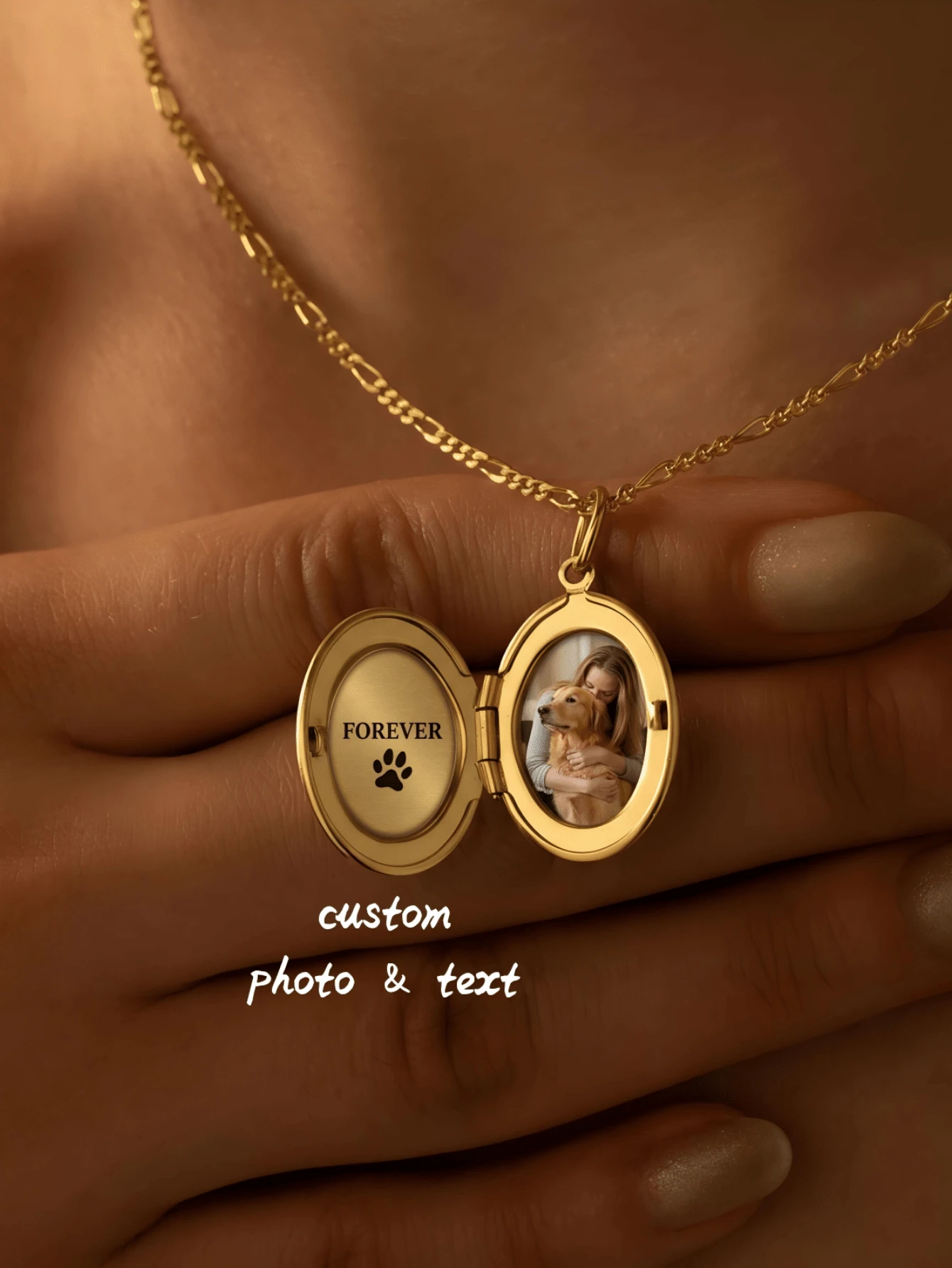 Collar con dije personalizado con foto, collar ovalado grabable, joyería de dije personalizada grabada, collar con dije para foto, regalo de Navidad personalizado - Dorado - Ver 1