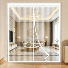 1 pieza Puerta de malla magnética extra grande de color blanco, mosquitera de uso doméstico de verano, puerta de pantalla de cierre automático para dormitorio, balcón, cocina, cortina de malla transpirable, cortina de puerta de gasa magnética suave para el verano - Rayas blancas magnéticas - Ver 1