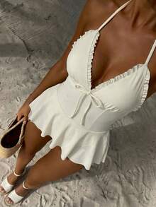 Bella 女士夏季度假可爱碎花撞色V领吊带泳衣 2026，热情芭蕾舞风格露肩泳装，蛋糕裙摆和蝴蝶结设计，超柔软弹力面料，修身剪裁，沙滩派对泳装 - 米色 - 查看 7