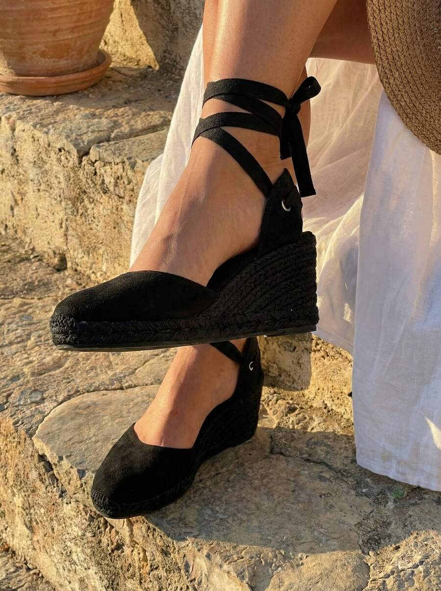 Soraia 女士坡跟涼鞋，麻布厚底，舒適，扣環設計，織物材質。 ✅ 西班牙大陸地區 24/72 小時送達。波西米亞風。時尚。度假風。簡約。優雅。 - 黑色 - 查看 1