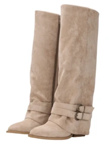 Women's Vintage Suede Knee High Boots Buckle Detail Slouchy Boots With Side Zipper For Spring Outfits - 杏色 - 查看 2