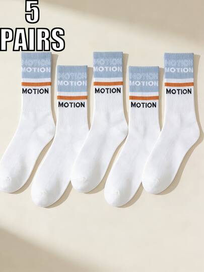 5 Pairs Red & Blue Striped Letter Mid-Calf Socks, Skin-Friendly & Comfortable, Suitable For Daily Wear